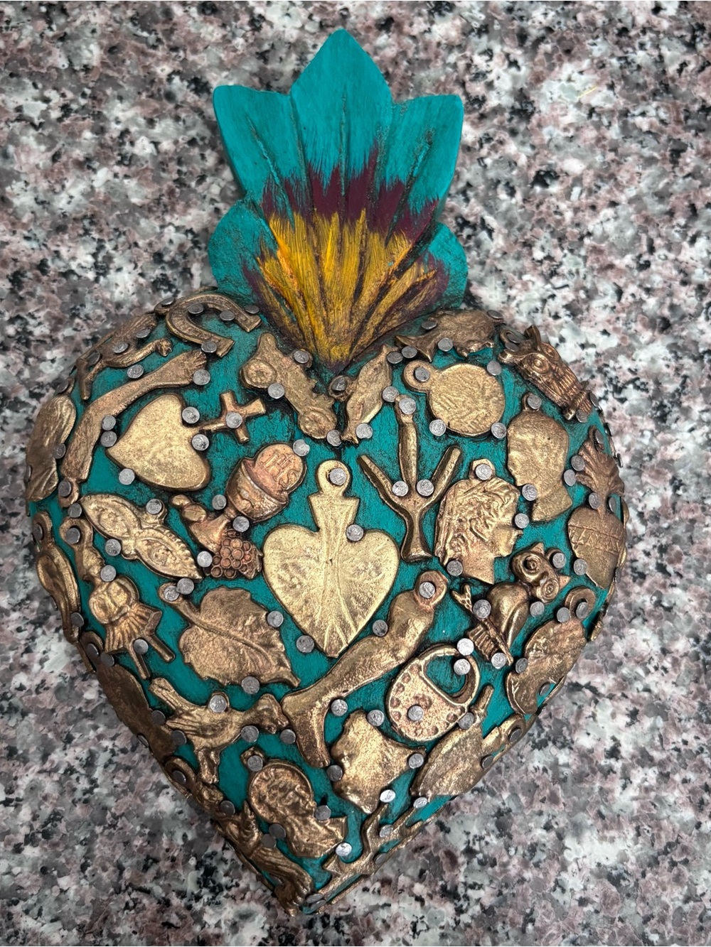AUTHENTIC Mexican Milagro Flaming Sacred Heart Emerald w/ Gold - 5”x 6.5”